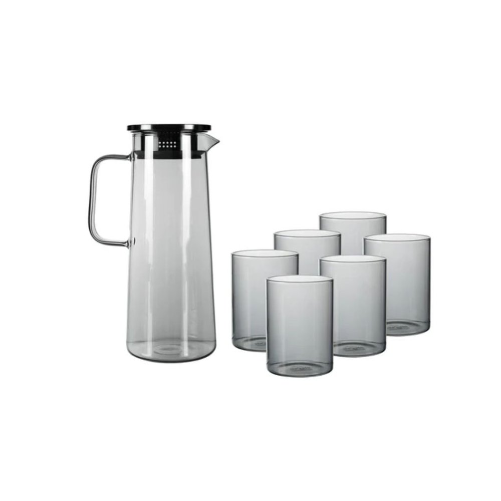 7 Piece Glass Pitcher Set (with Straining Lid, Handle) and 6 Glasses - GRAY